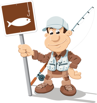 Cartoon Fisherman Fishing Sign Isolated