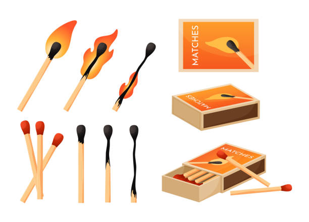 Cartoon flaming matches. Wooden matchstick with burning head. Danger of ignition. Cardboard matchbox with sulfur abrasive edge. Risk of fire. Vector ignited or burnt wood sticks set vector art illustration