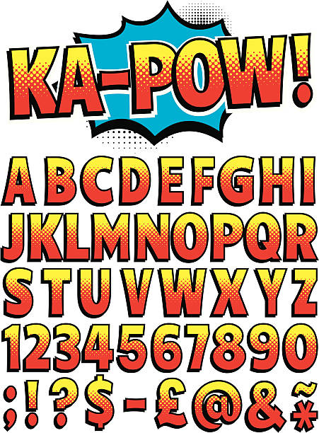 Cartoon font for spelling out all your favorite exclamations! Entire upper-case alphabet with punctuation marks including '@', Dollar and Pound signs in retro red and yellow halftone style. With a comic book style explosion to use behind your text.