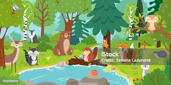 istock Cartoon forest animals. Wild bear, funny squirrel and cute birds on forests trees kids vector background illustration 1150306114
