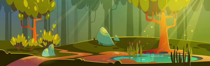 Cartoon forest background with pond or swamp.