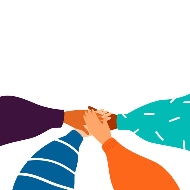 Cartoon Four human hands support each other Cartoon Four human hands support each other. Concept of teamwork with copy space. Diverse female hands united for social freedom and peace, women power. Vector cultures stock illustrations