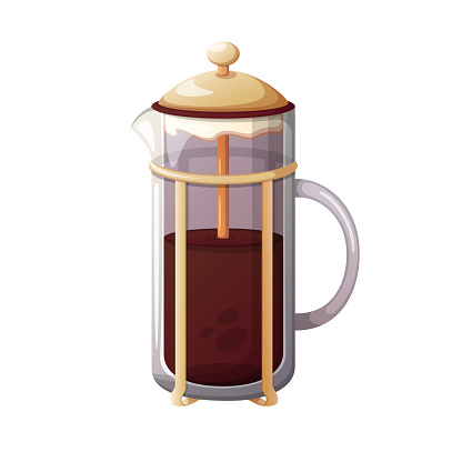Cartoon French press coffee maker on a white background.