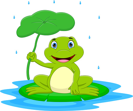 cartoon frog shelter with leaves in the rain