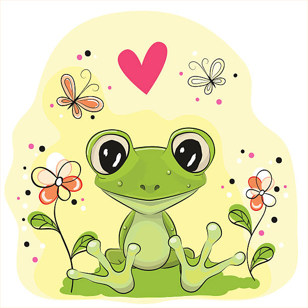 Cartoon Frog Cute Frog is sitting on the meadow with flowers cute frog stock illustrations