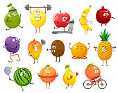 Cartoon fruits sportsmen, vector pear, lemon and apple, banana, pomegranate and prune with mango. Kiwi, grapefruit and orange, pineapple, watermelon and quince isolated characters sports workout set