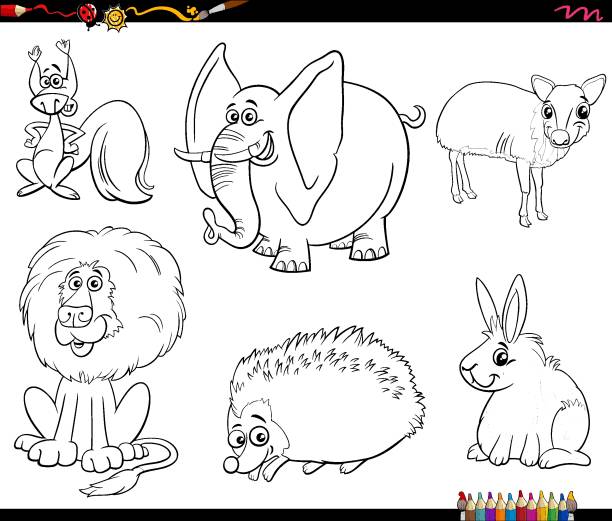 bildbanksillustrationer, clip art samt tecknat material och ikoner med cartoon funny animals characters set coloring book page - dwarf rabbit