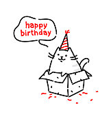 Cartoon funny cat, congratulates on his birthday. Vector flat illustration. The character is isolated on a white background. Kitty in the box. Cat's life. Character for the site and print postcards. Gift.