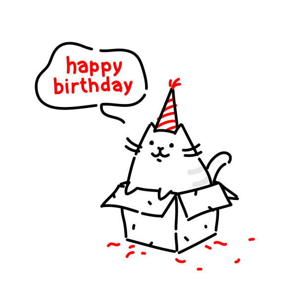 Cartoon funny cat, congratulates on his birthday. Vector flat illustration. The character is isolated on a white background. Kitty in the box. Cat's life. Character for the site and print postcards. Gift.  happy birthday cat stock illustrations