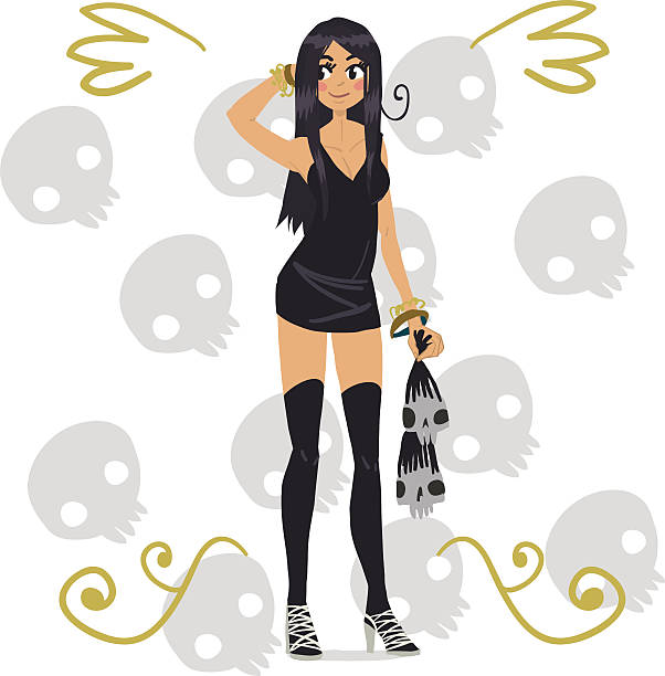 Cartoon funny halloween girl with skulls. vector art illustration