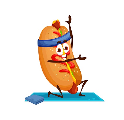 Cartoon funny hotdog character on yoga fitness. Funny fast food burger or sandwich personage or comical takeaway meal vector character, isolated cute hot dog personage doing fitness exercises
