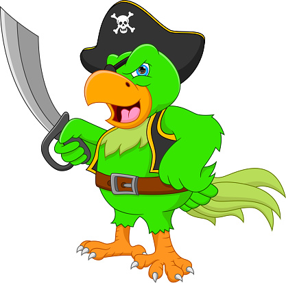 cartoon funny pirate parrot holding sword