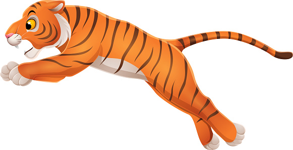 Cartoon funny tiger jumping on white background