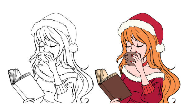cartoon girl w świątecznych ubraniach czytanie książki i picie kawy. ręcznie rysowana kolorowanka. - curley cup stock illustrations