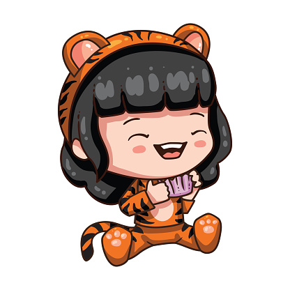 Cartoon girl in tiger costume for new year 2022.