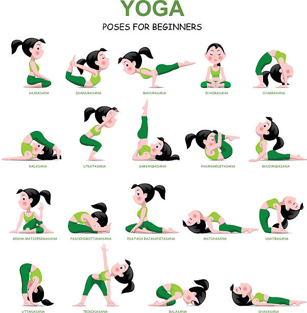 ilustrações de stock, clip art, desenhos animados e ícones de cartoon girl in yoga poses with titles - yoga crianças