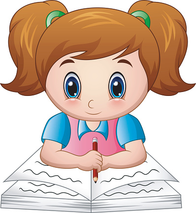✓ Imagen de Dibujos animados niña estudiando y escribiendo Fotografía de  Stock