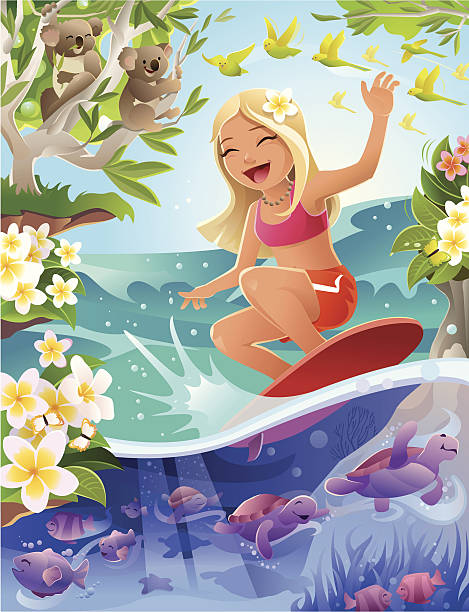 cartoon girl surfing in tropical scene with turtles and koalas - great barrier reef stock illustrations