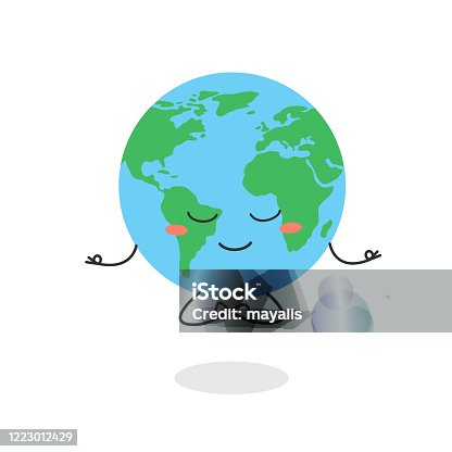 istock Cartoon globe character meditation in lotus pose 1223012429