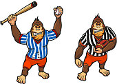 Cartoon gorilla playing baseball and rugby wielding a baseball bat and carrying a football, vector illustration on white