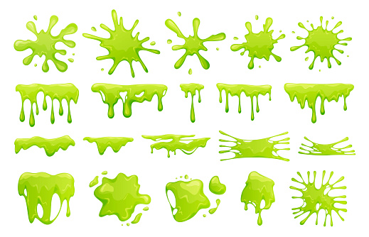 Cartoon green slime set vector flat illustration. Collection of blob splashes, toxic dripping mucus isolated on white. Goo slimy splodge and drops, liquid borders form, bright decorative texture