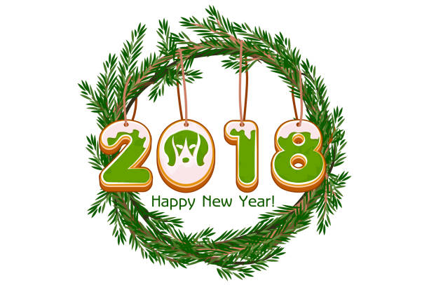 stockillustraties, clipart, cartoons en iconen met cartoon groene krans sparren happy new year, cookie 2018 jaar hond vector - hangplant wood
