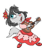 istock Cartoon gypsy cat playing guitar and singing vector illustration 1223431538