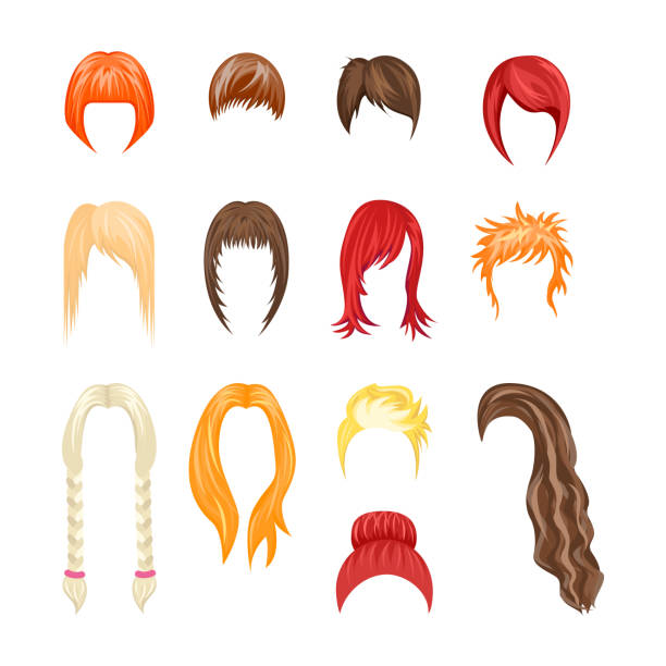 ilustraciones, imágenes clip art, dibujos animados e iconos de stock de conjunto de mujer peinados de dibujos animados. vector de - peluca