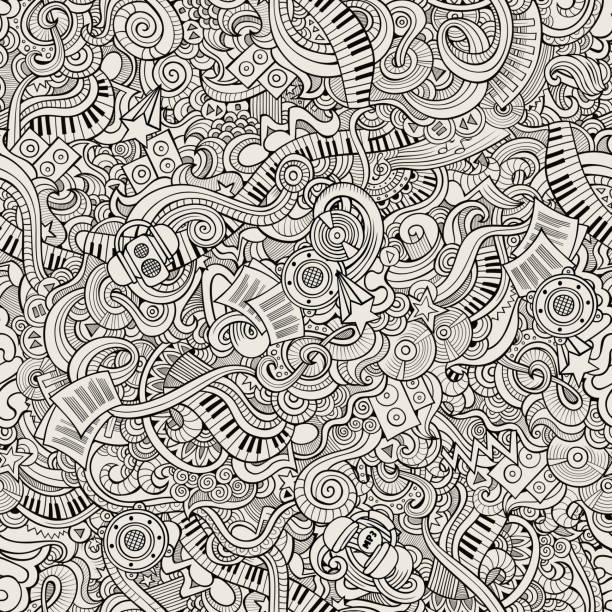 Cartoon hand-drawn doodles music seamless pattern Cartoon hand-drawn doodles on the subject of musical theme seamless pattern. Line art sketchy detailed, with lots of objects vector background guitar patterns stock illustrations