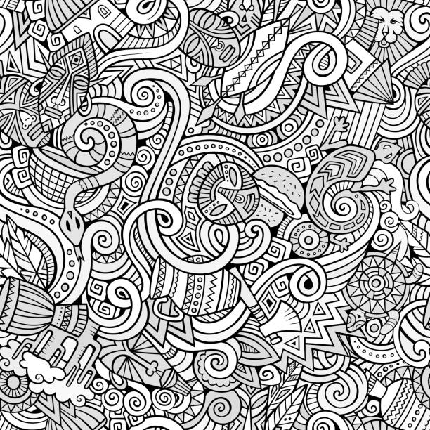 Cartoon hand-drawn doodles on the subject of Africa style theme Cartoon hand-drawn doodles on the subject of Africa style theme seamless pattern. Line art vector background african warrior symbols drawing stock illustrations