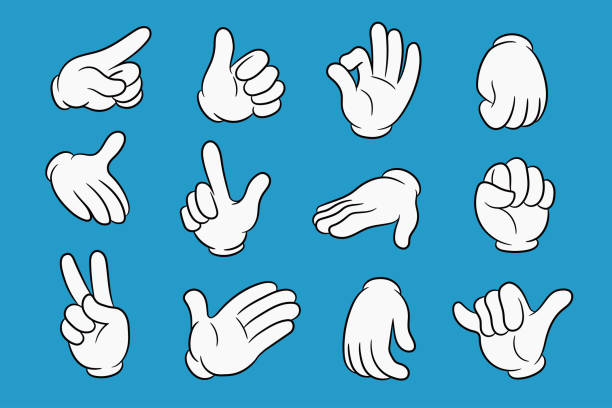 Cartoon hands set in different gestures. Hands in white gloves with black stroke. Element for your design. Vector illustration. vector art illustration