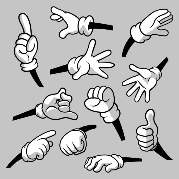 手袋アイコンセットで漫画の手を隔離。ベクトルクリップアート - 体の一部、白い手袋の腕。ハンドジェスチャーコレクション。グラフィックス用のデザイン テンプレート - 腕点のイラスト素材／クリップアート素材／マンガ素材／アイコン素材