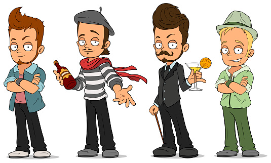 Cartoon handsome guys with alcohol characters set