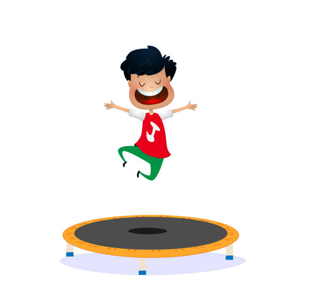 Cartoon happy boy jumping on trampoline Cartoon happy boy jumping on trampoline. Active children's outdoors games. Vector illustration clip art of kid jumping on trampoline stock illustrations
