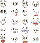 Cartoon happy faces with different expressions. Vector illustration. Happy face emotion, funny character emoticon caricature
