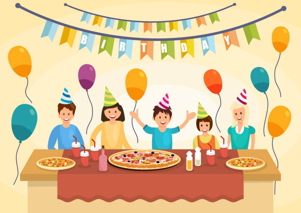 ilustrações de stock, clip art, desenhos animados e ícones de cartoon happy family is eating pizza for birthday - pizza table