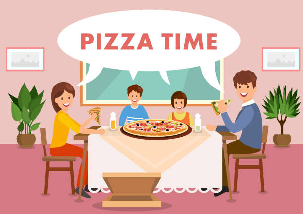 ilustrações de stock, clip art, desenhos animados e ícones de cartoon happy family is having lunch in restaurant - pizza table
