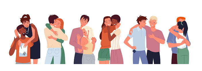 Cartoon happy people friends hug, diverse woman man character standing together, young couple of girlfriend and boyfriend hugging, love and friendship isolated on white.