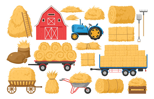 Cartoon haystack, agricultural hay heaps, hay in wheelbarrow and canvas bag. Cartoon farming haymow, fodder straw, tractor and wooden barn vector illustrations set. Agricultural rural haycock