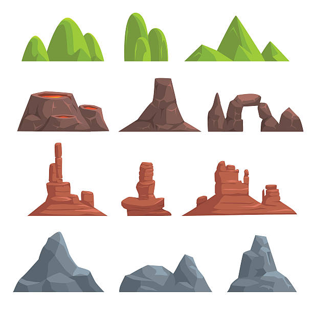 Cartoon hills and mountains set Cartoon hills and mountains set, vector isolated landscape elements for web or game design rock formations stock illustrations