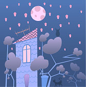 Peaceful Night View, Cartoon Night Scene, Sky Lanterns, House and Trees, Moon, Owl, Cat, Vector Illustration Scene Background, Cute