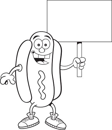 Cartoon hotdog holding a sign