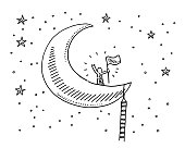 Hand-drawn vector drawing of a Cartoon Human Figure Reaching The Moon. Black-and-White sketch on a transparent background (.eps-file). Included files are EPS (v10) and Hi-Res JPG.
