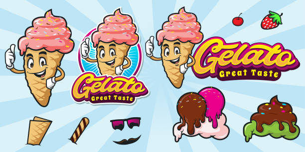 Cartoon ice cream and gelato logo Set of cartoon ice cream and gelato logo with additonal accesories bowl of ice cream stock illustrations