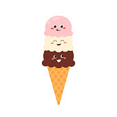 Cheerful cartoon icecream characters with funny faces. Vector flat illustration isolated on white background