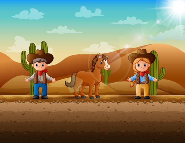 bildbanksillustrationer, clip art samt tecknat material och ikoner med cartoon illustration a cowboy and cowgirl at the desert - desert cowgirl