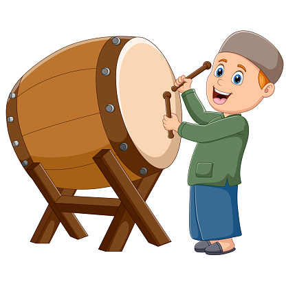 Cartoon illustration a Muslim man hitting the drum