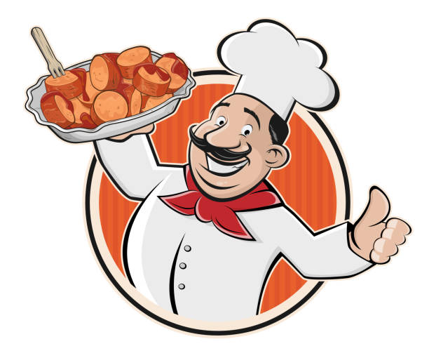 cartoon illustration of a chef serving the German specialty Currywurst vector art illustration