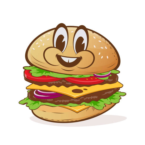 cartoon illustration of a delicious burger with happy face vector art illustration
