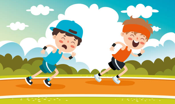 cartoon-illustration eines kleinen kindes beim laufen - fußball trainer kinder stock-grafiken, -clipart, -cartoons und -symbole